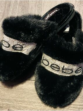 bebe Black Faux-Fur Slide Slippers with Crystal bebe Logo Band